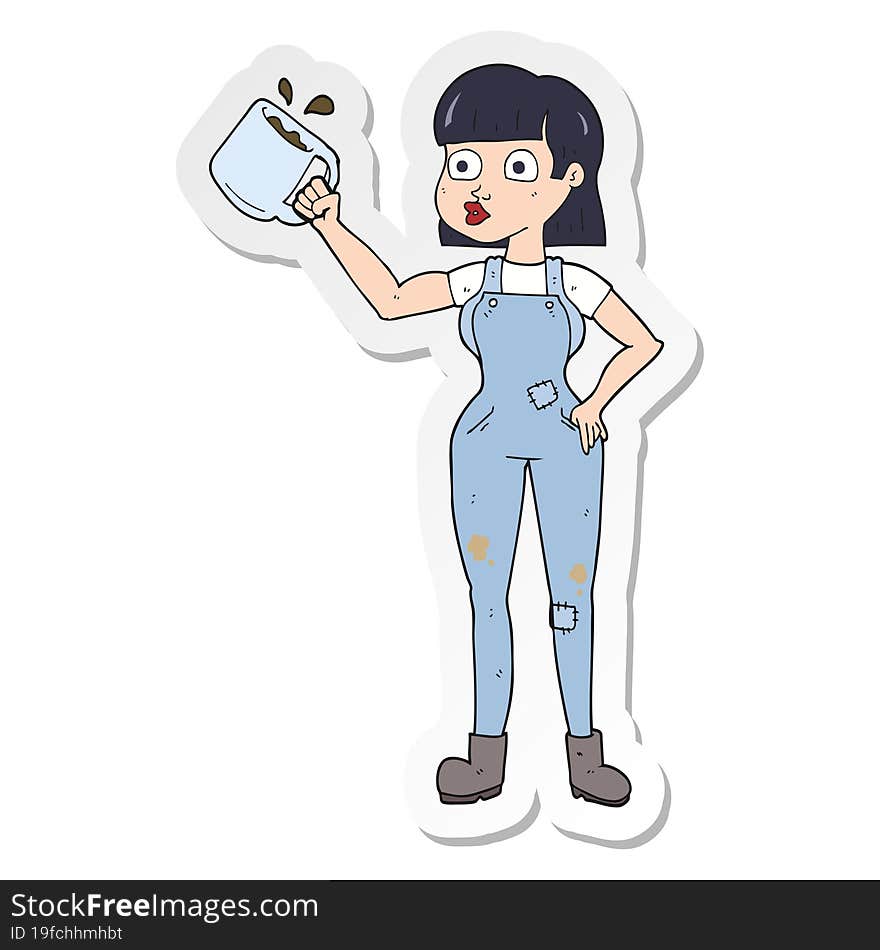 sticker of a cartoon female worker with coffee mug