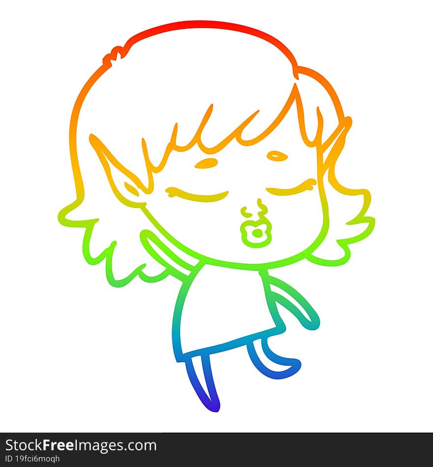 Rainbow Gradient Line Drawing Pretty Cartoon Elf Girl Dancing