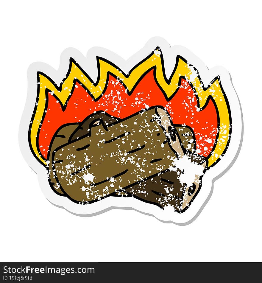 distressed sticker of a quirky hand drawn cartoon burning log