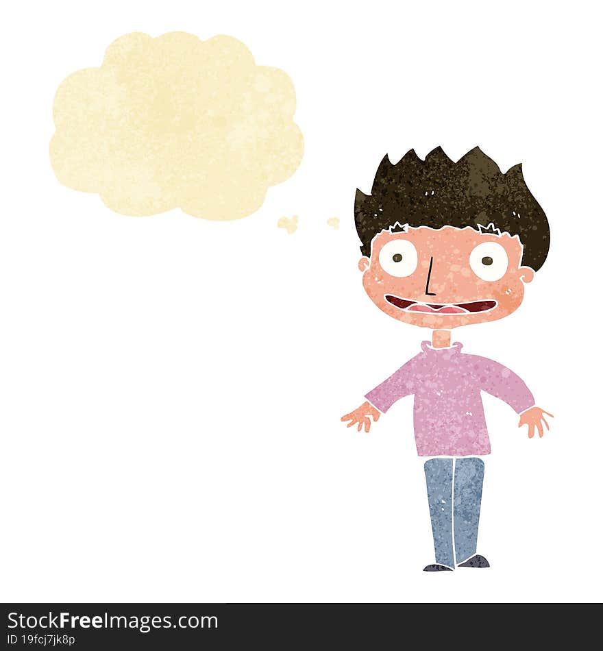 cartoon excited boy with thought bubble