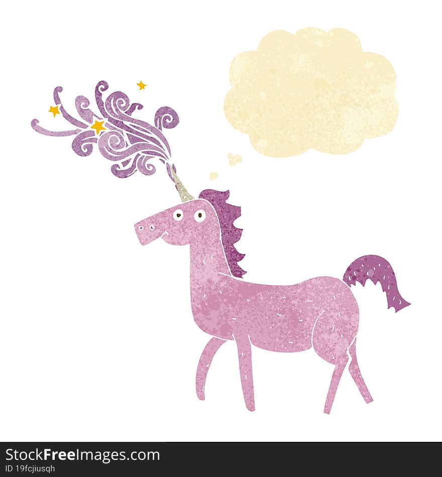 cartoon magical unicorn with thought bubble