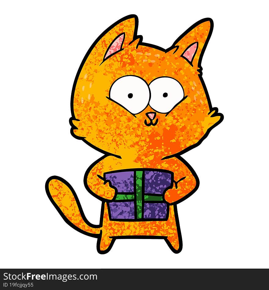 cartoon cat holding christmas present. cartoon cat holding christmas present