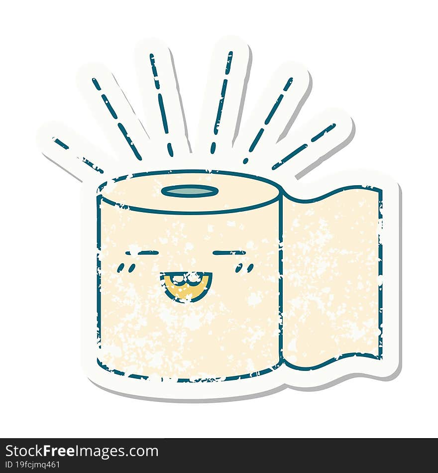 worn old sticker of a tattoo style toilet paper character. worn old sticker of a tattoo style toilet paper character