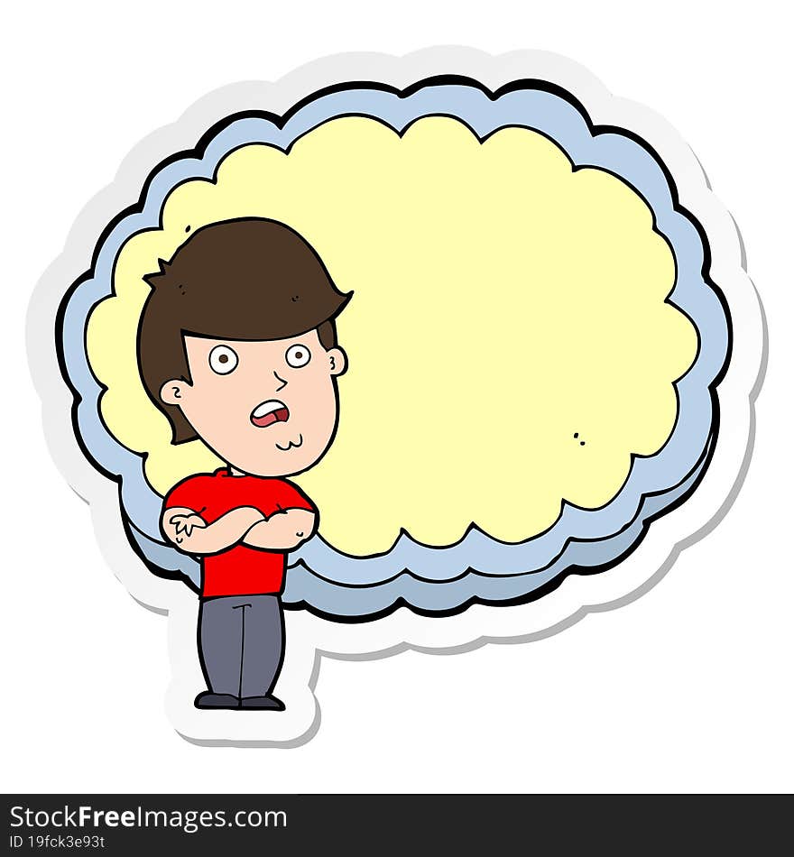 sticker of a cartoon man with text space cloud