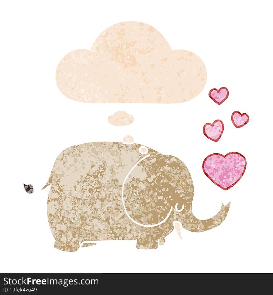 cute cartoon elephant with love hearts with thought bubble in grunge distressed retro textured style. cute cartoon elephant with love hearts with thought bubble in grunge distressed retro textured style