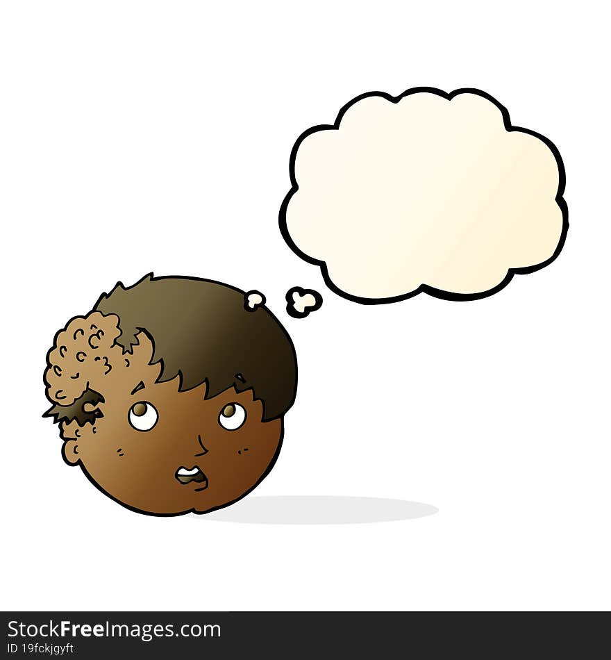 cartoon boy with ugly growth on head with thought bubble