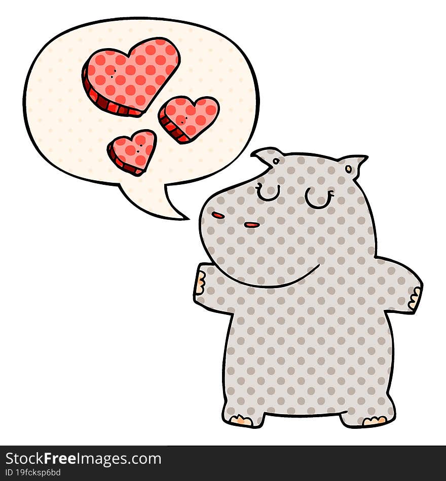 cartoon hippo in love with speech bubble in comic book style