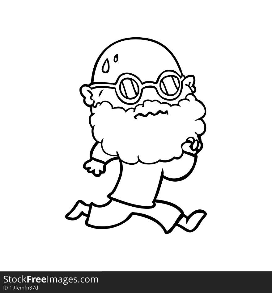 cartoon running man with beard and sunglasses sweating. cartoon running man with beard and sunglasses sweating