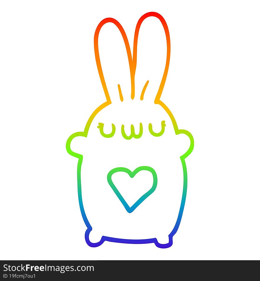 rainbow gradient line drawing of a cute cartoon rabbit with love heart