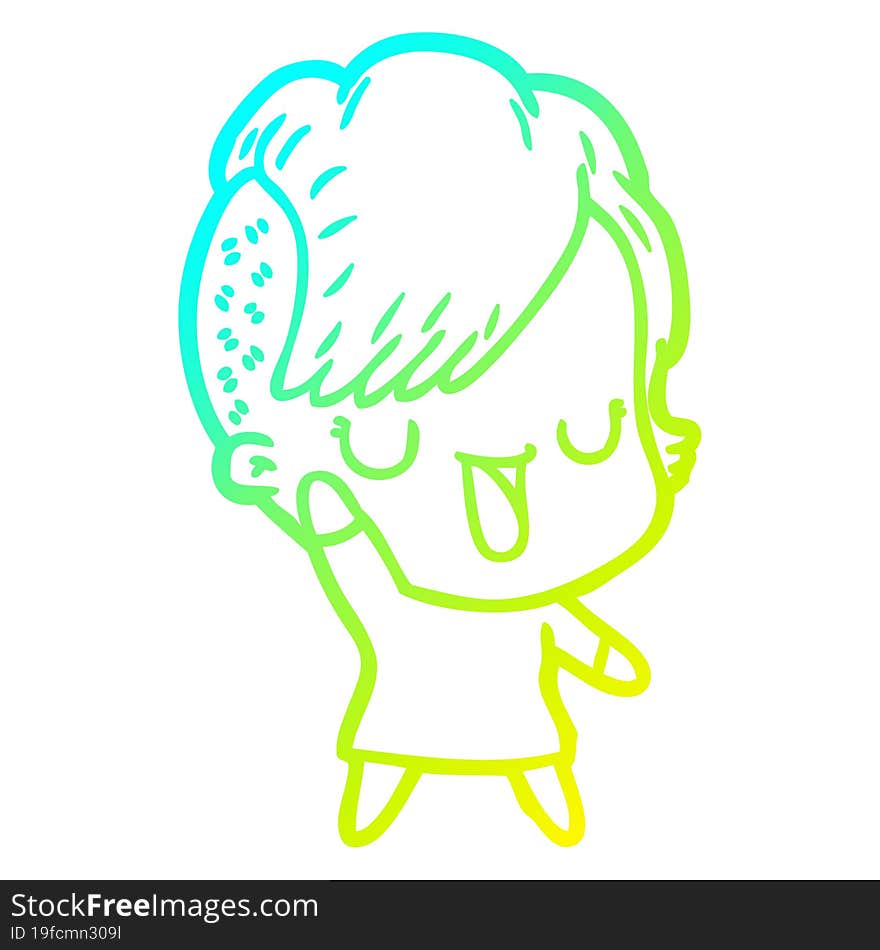 cold gradient line drawing of a cute cartoon girl with hipster haircut