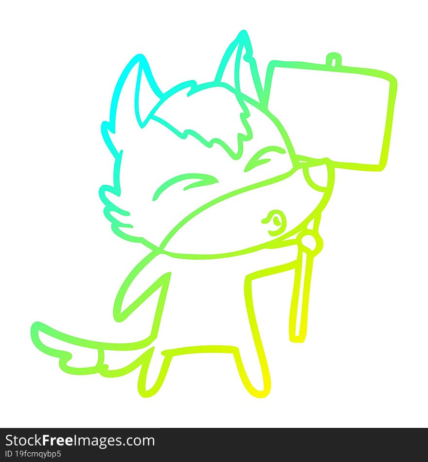 cold gradient line drawing cartoon wolf with protest sign