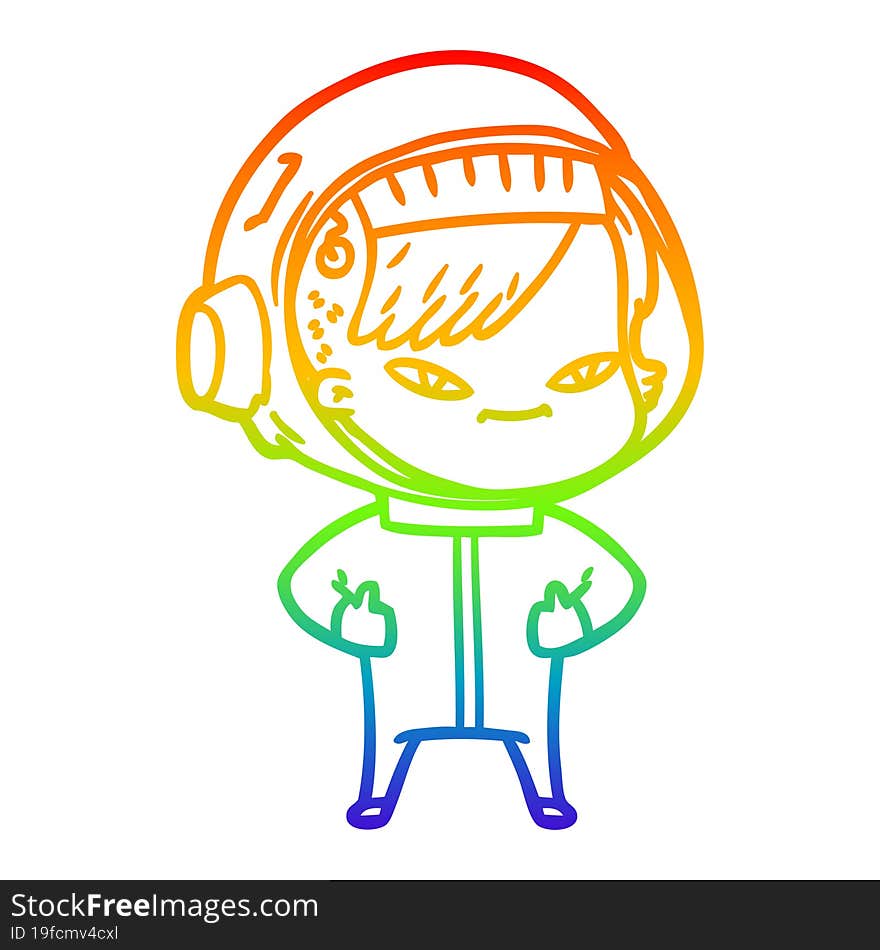 rainbow gradient line drawing of a cartoon astronaut woman