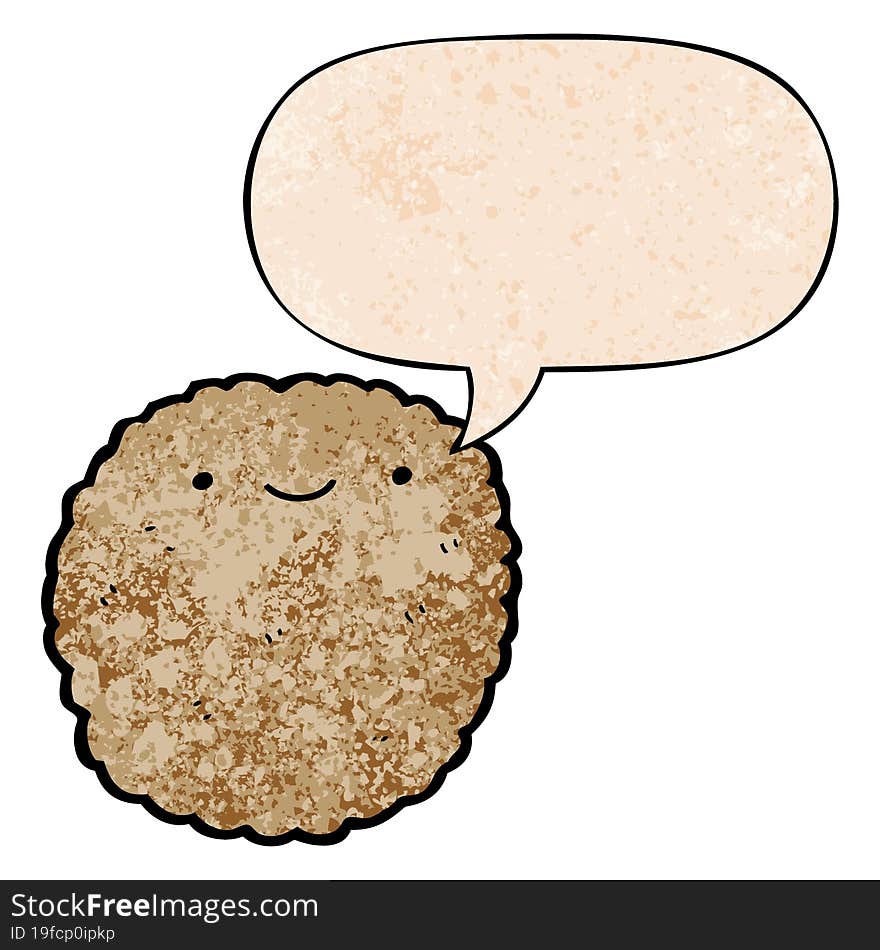 cartoon biscuit and speech bubble in retro texture style