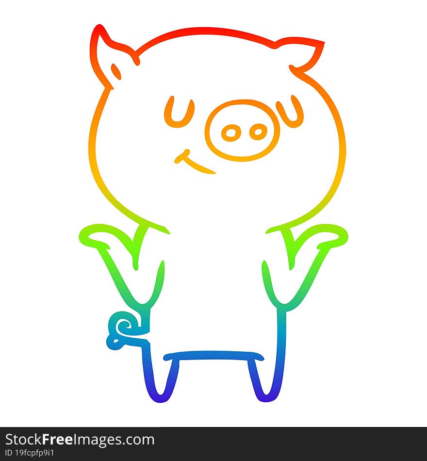 rainbow gradient line drawing of a happy cartoon pig