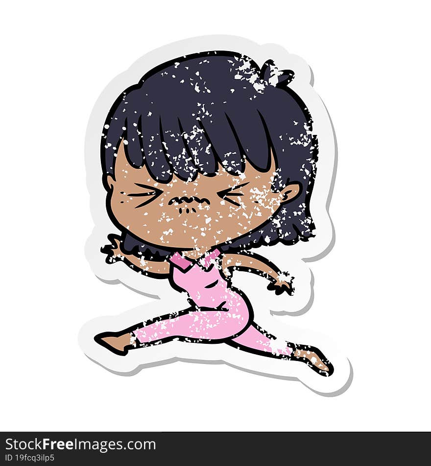 distressed sticker of a cartoon woman jumping