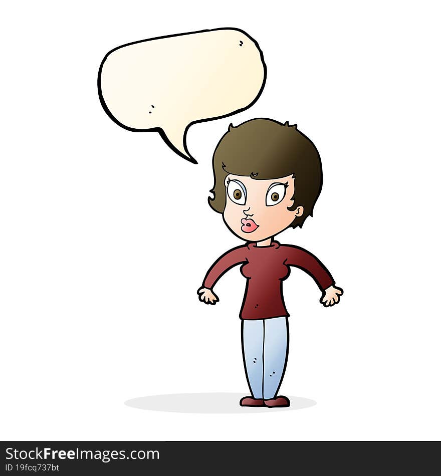 cartoon woman shrugging shoulders with speech bubble