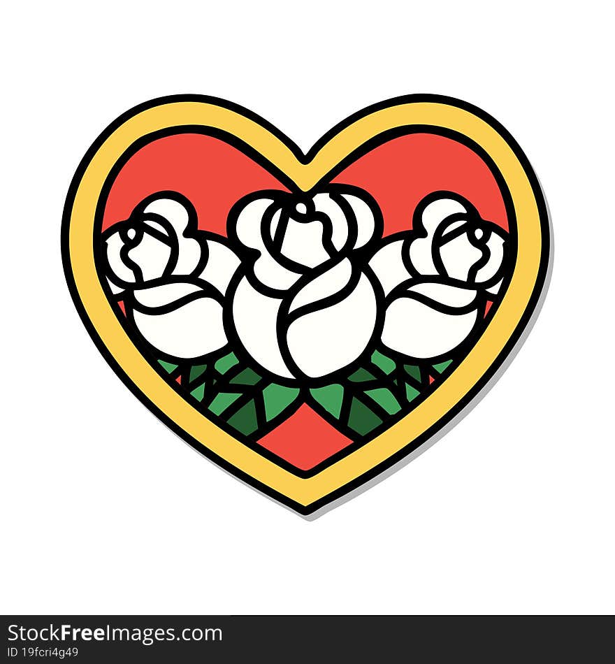 sticker of tattoo in traditional style of a heart and flowers. sticker of tattoo in traditional style of a heart and flowers