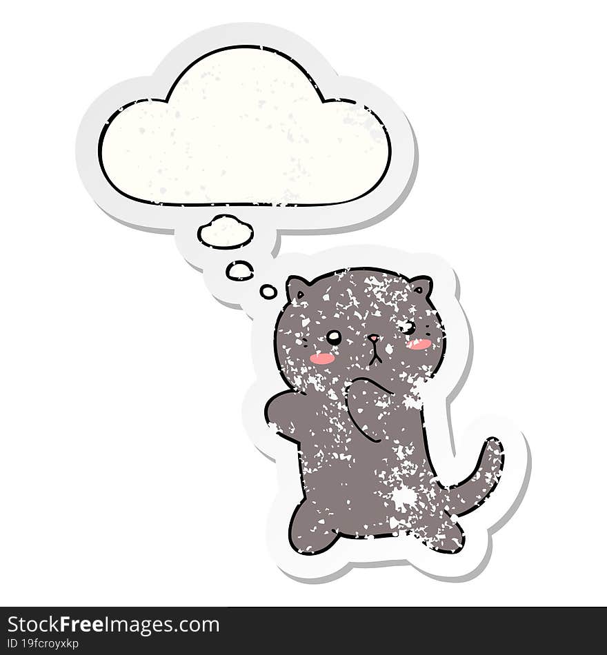 cute cartoon cat and thought bubble as a distressed worn sticker