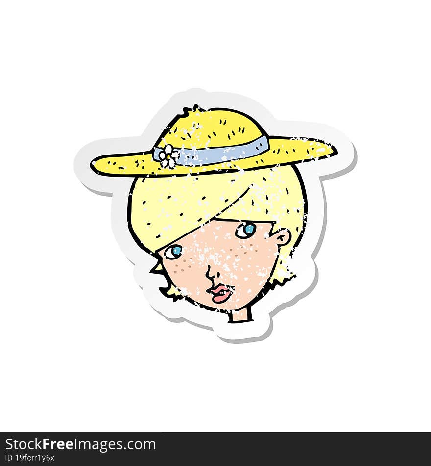 retro distressed sticker of a cartoon woman wearing summer hat