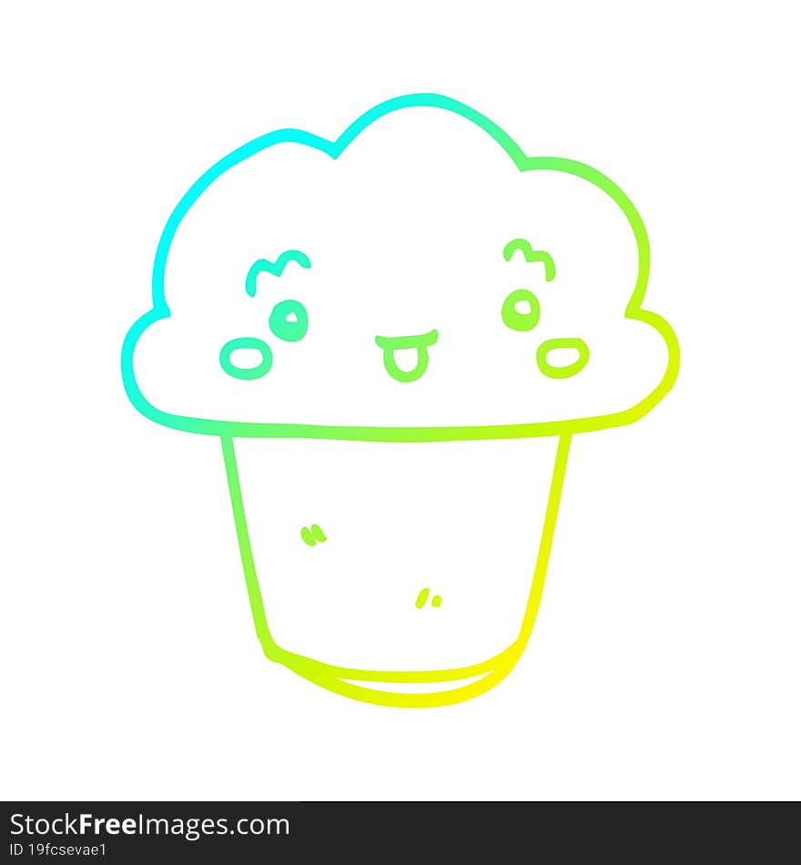 cold gradient line drawing of a cartoon cupcake with face