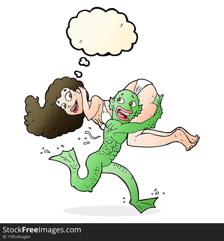 Cartoon Swamp Monster Carrying Girl In Bikini With Thought Bubble