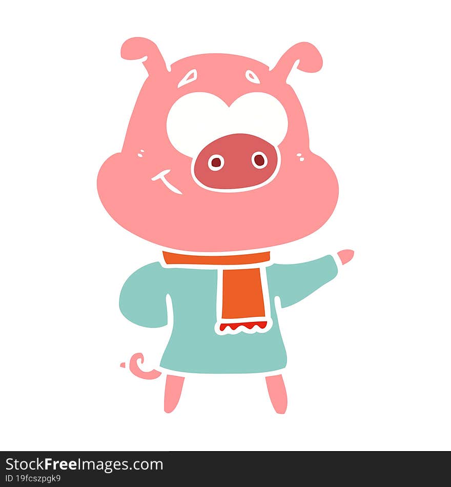 happy flat color style cartoon pig wearing warm clothes