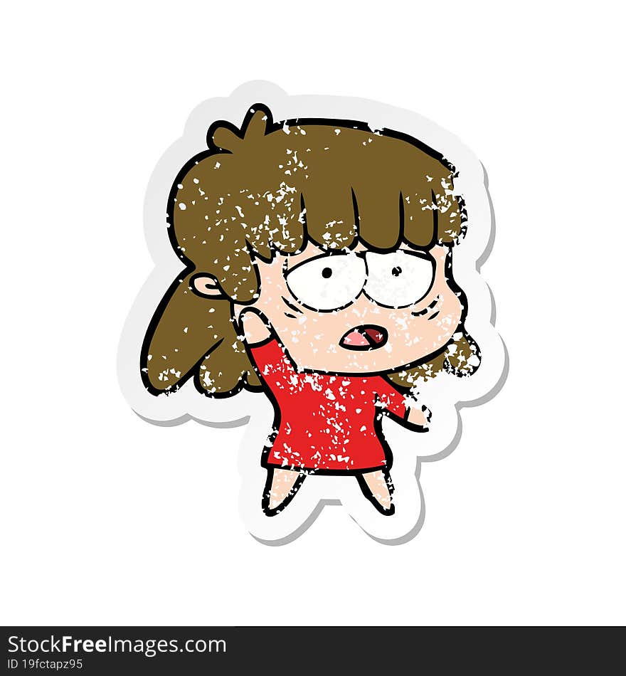 distressed sticker of a cartoon tired woman waving