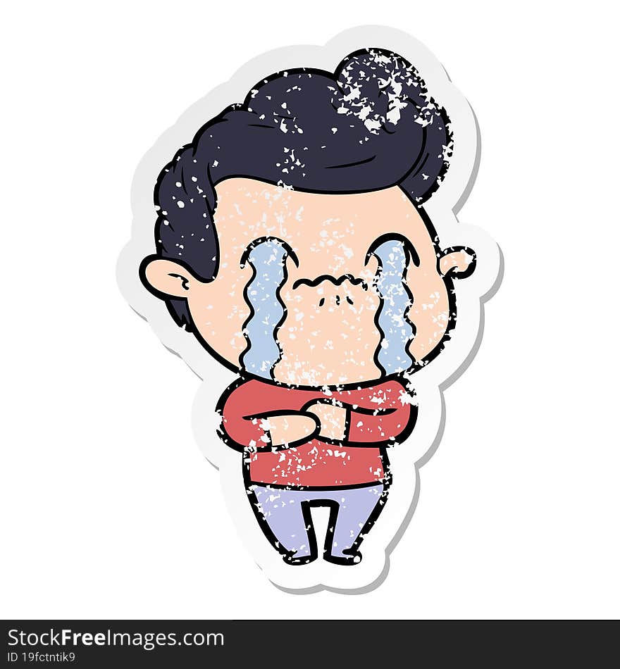 distressed sticker of a cartoon man crying