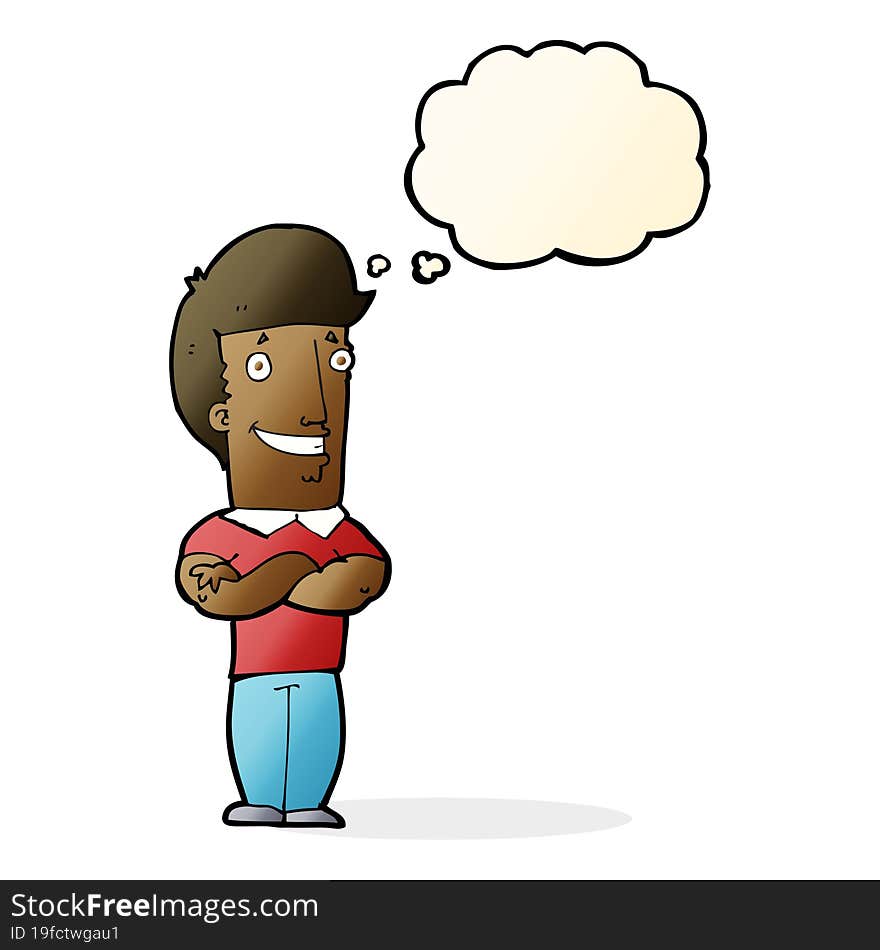 Cartoon Man With Folded Arms Grinning With Thought Bubble