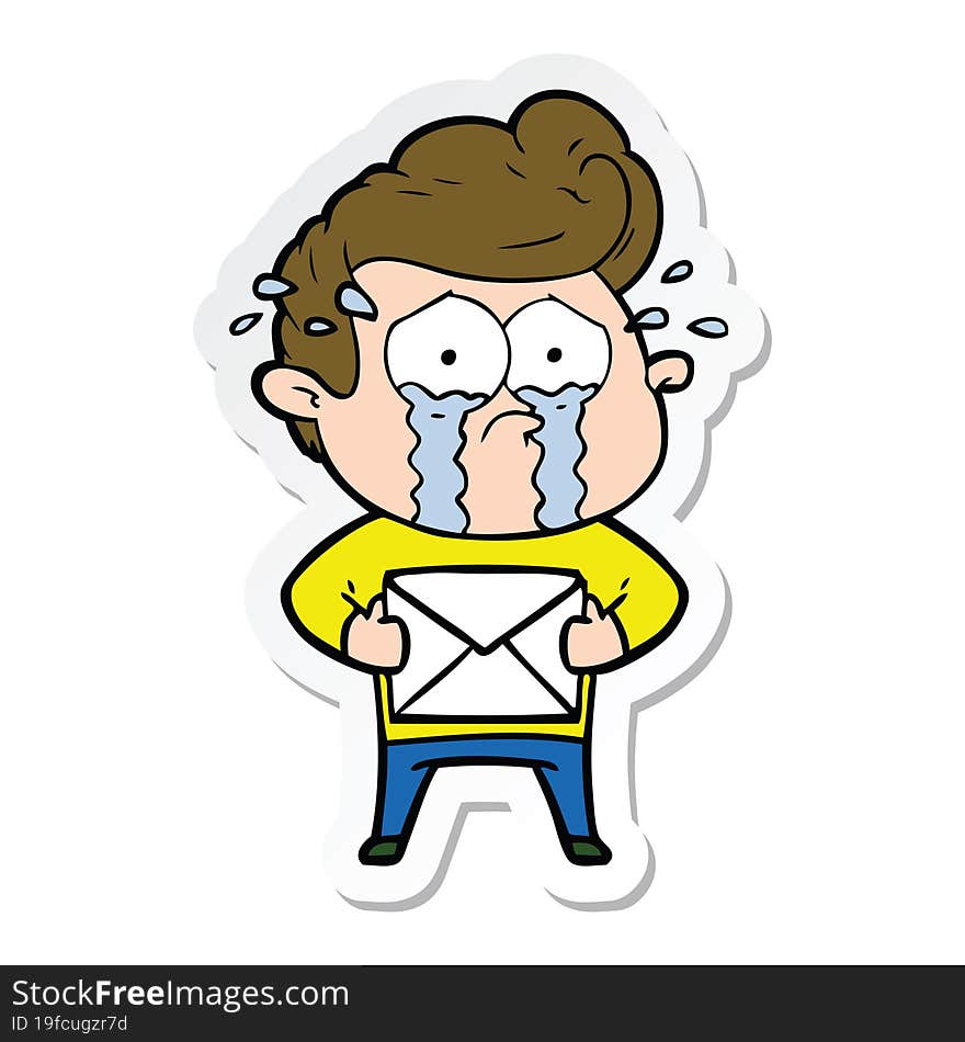 sticker of a cartoon crying man receiving letter