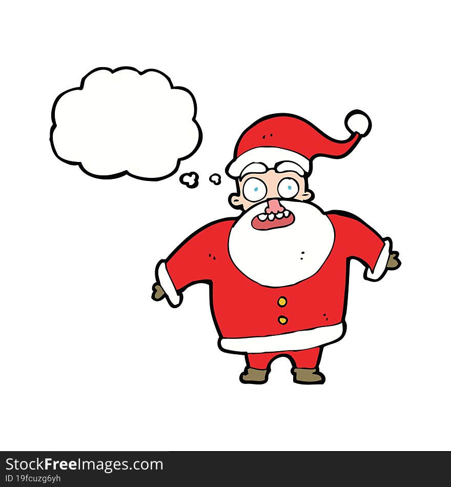 cartoon shocked santa claus with thought bubble