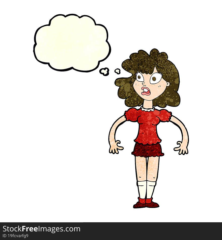 cartoon pretty girl with shocked expression with thought bubble