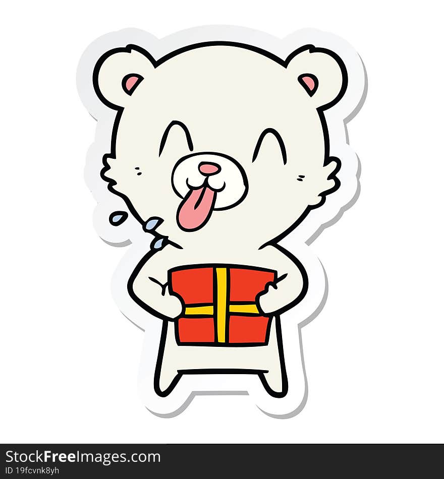 Sticker Of A Rude Cartoon Polar Bear Sticking Out Tongue With Present