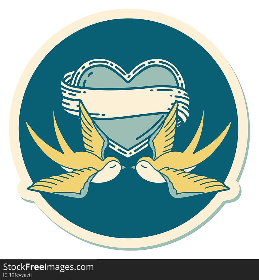 tattoo style sticker of a swallows and a heart with banner