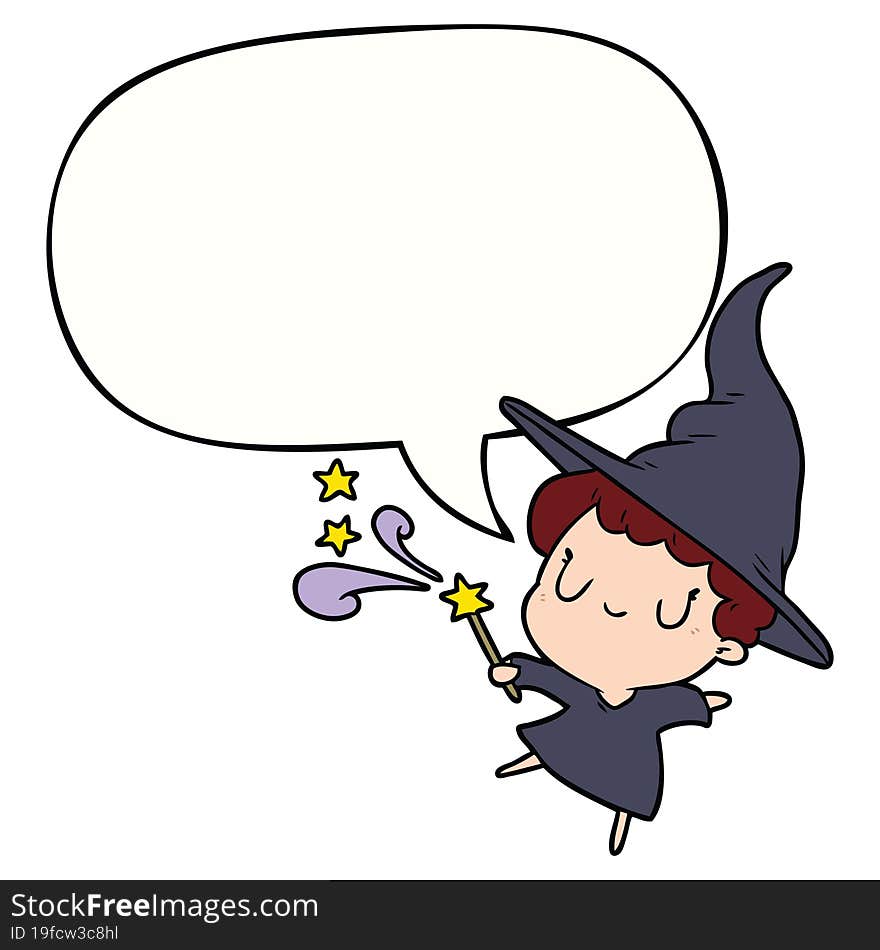 Cute Cartoon Witch Casting Spell And Speech Bubble