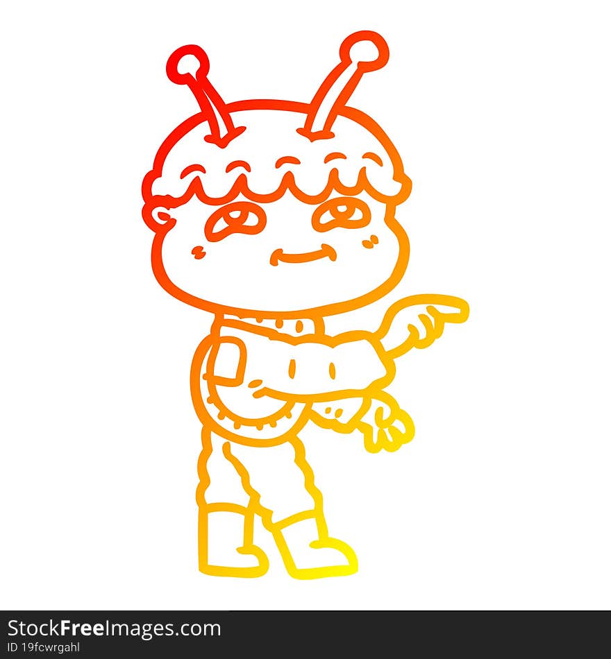 warm gradient line drawing friendly cartoon spaceman pointing