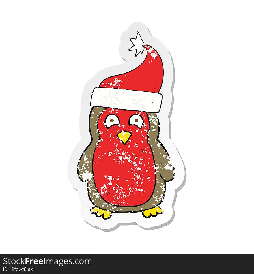 Retro Distressed Sticker Of A Cartoon Christmas Robin Wearing Santa Hat