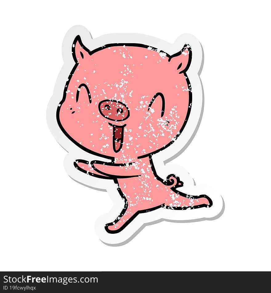 distressed sticker of a happy cartoon pig running