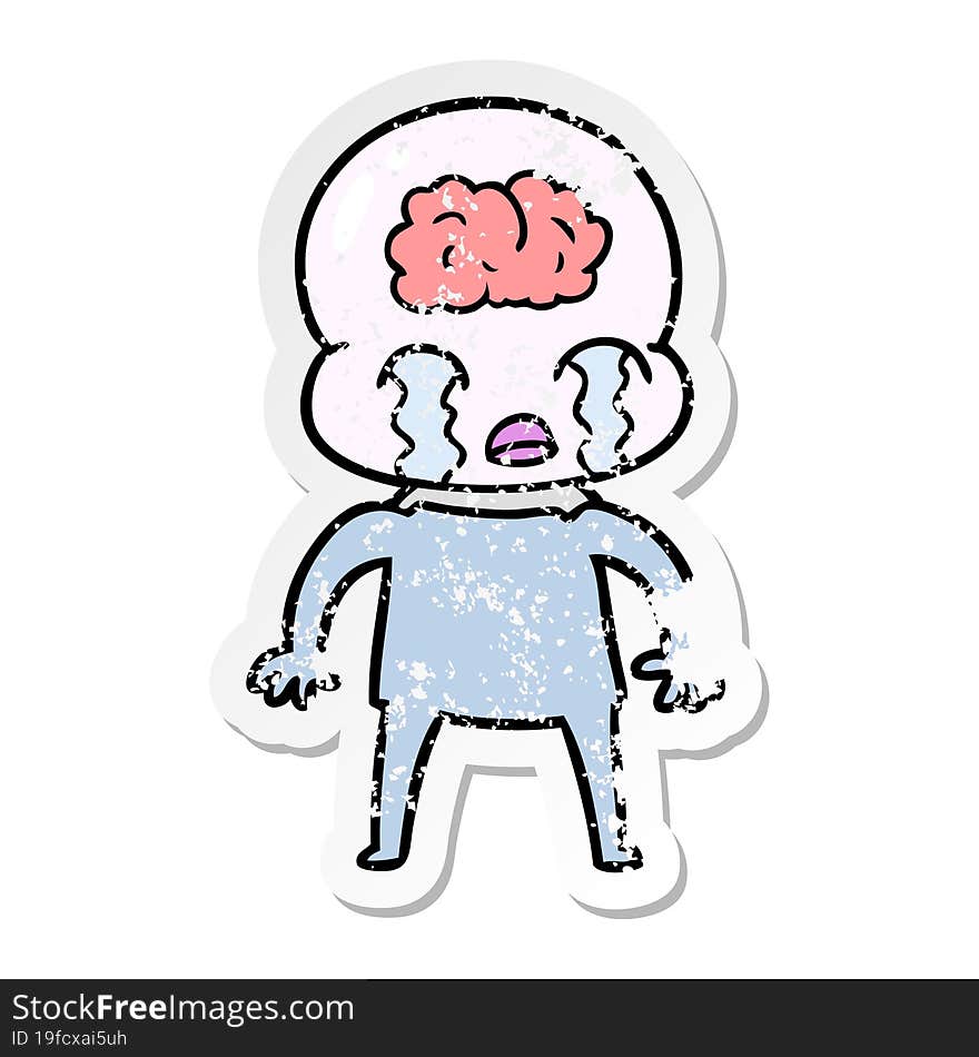 distressed sticker of a cartoon big brain alien crying