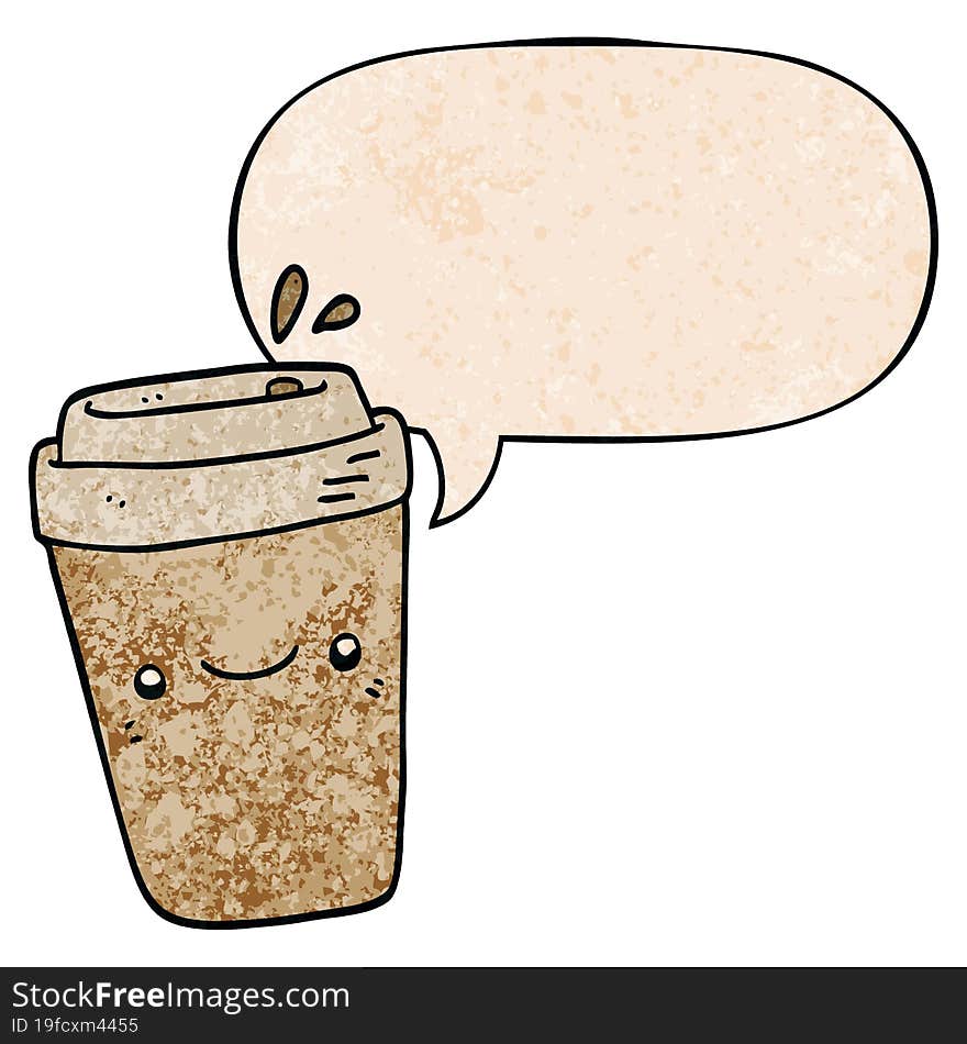 cartoon takeaway coffee with speech bubble in retro texture style