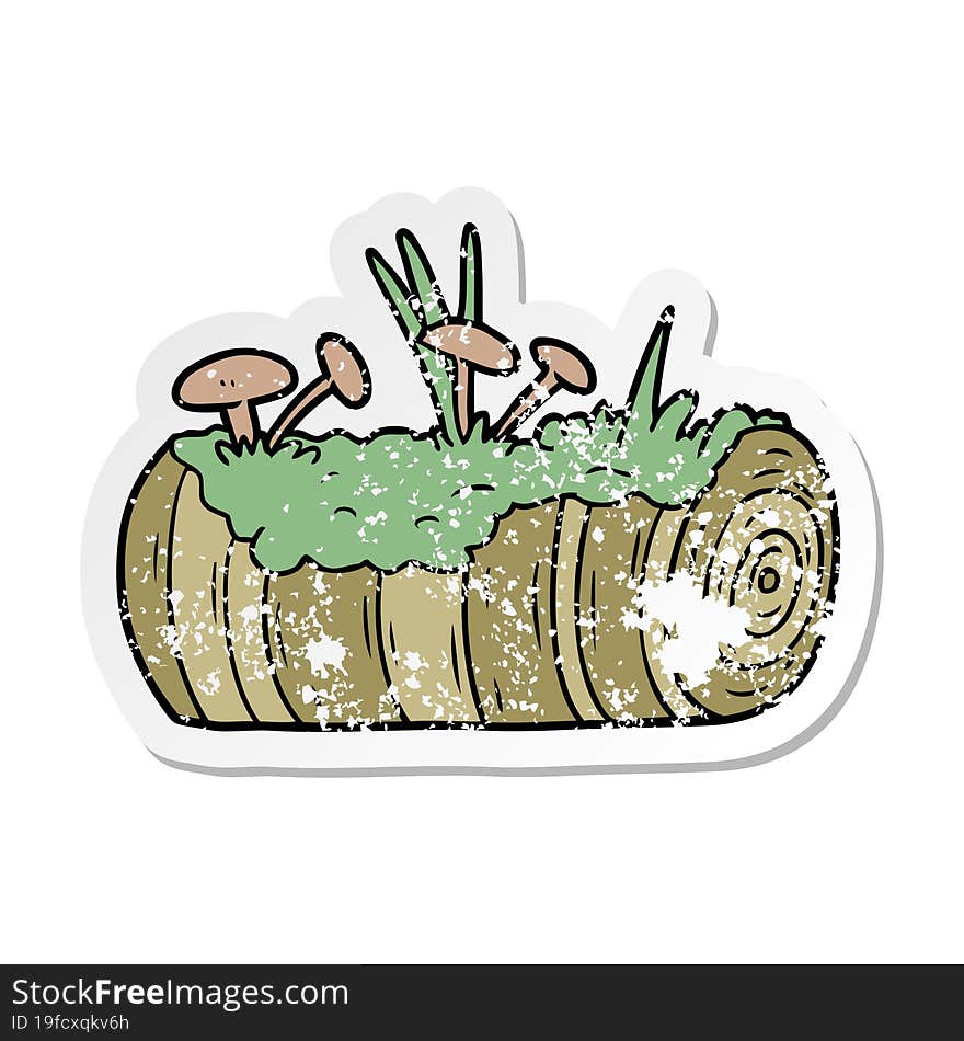 distressed sticker of a cartoon old log with mushrooms