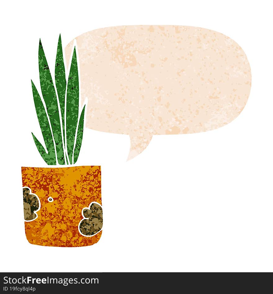 Cartoon House Plant And Speech Bubble In Retro Textured Style