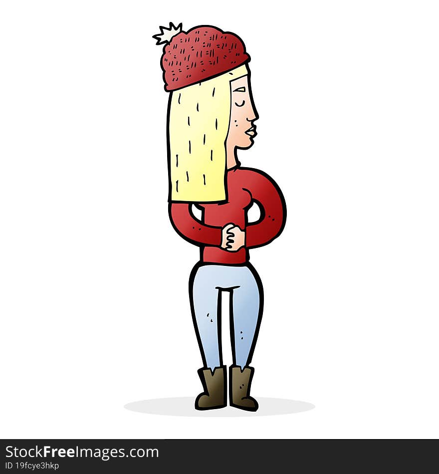 cartoon woman wearing winter hat