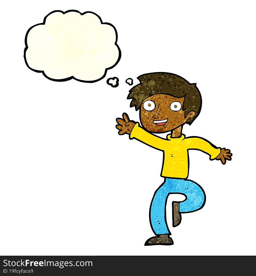 Cartoon Excited Boy Dancing With Thought Bubble