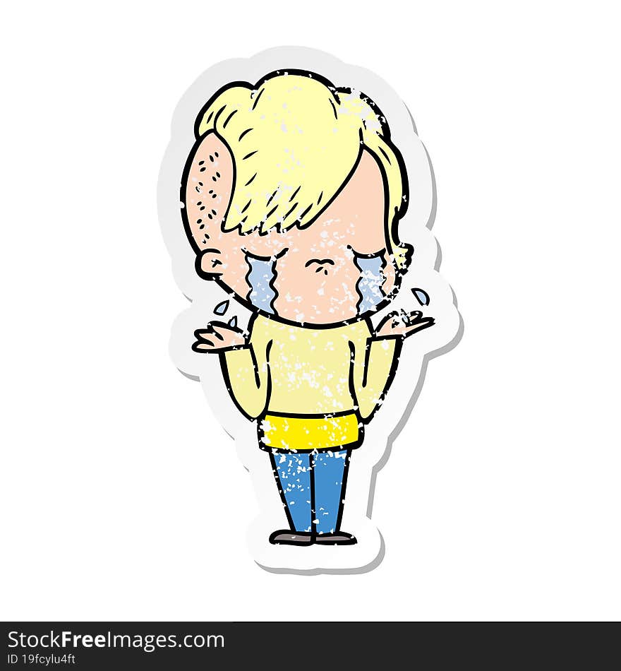 distressed sticker of a cartoon crying girl