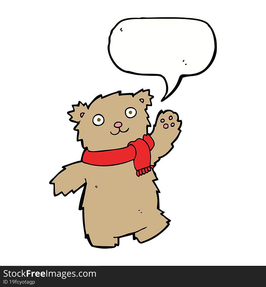 cartoon teddy bear wearing scarf with speech bubble