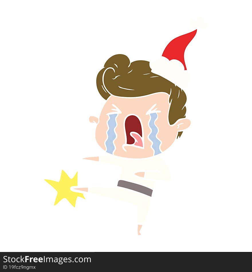 flat color illustration of a crying man wearing santa hat