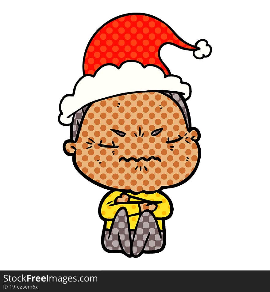 Comic Book Style Illustration Of A Annoyed Old Lady Wearing Santa Hat