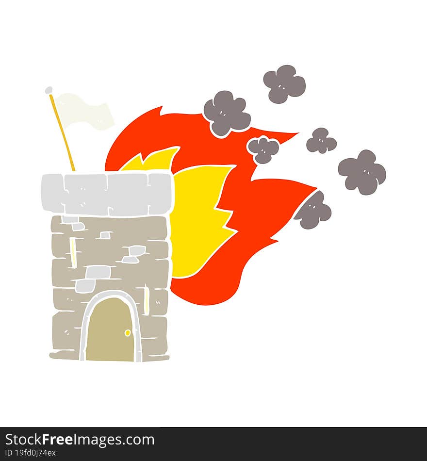 flat color illustration of burning castle tower. flat color illustration of burning castle tower
