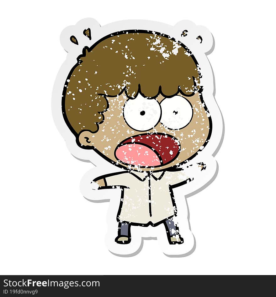 distressed sticker of a cartoon shocked man